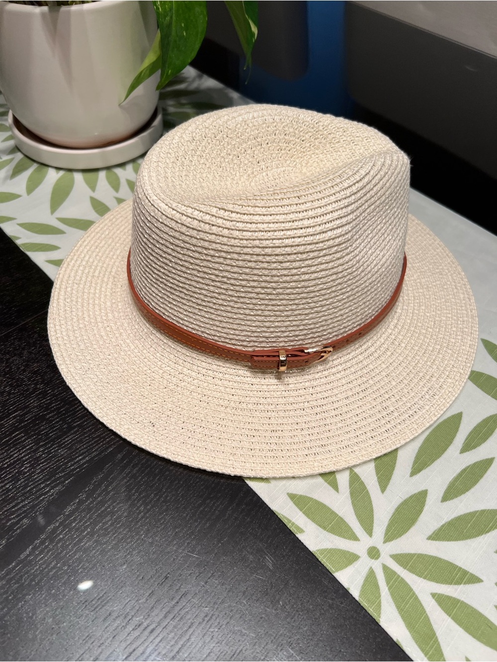 Cream Straw Fedora with Brown Leather Accent - Women Accessories